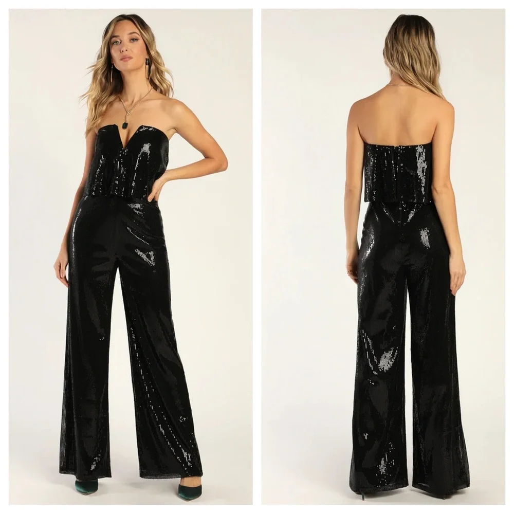 NWOT Lulus Power of Love Black Sequin Strapless Jumpsuit - Picture 4 of 14